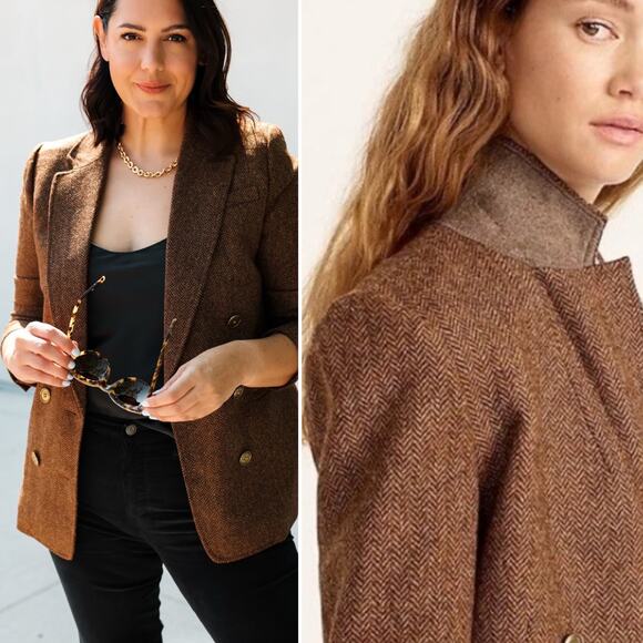 J.Crew Bristol Double Breasted Blazer Jacket Herringbone Wool Brown Size 10 - Picture 1 of 10